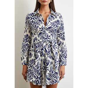 เดรสเชิ้ตลายโกเดลี สีกรมท่า คอปก ผ้าทอลายดอกไม้ ระบายอากาศได้ดี ชุดลำลองสำหรับใส่ทุกวัน - Product Image 2