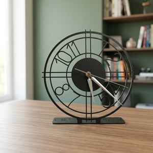 Horloge de bureau moderne en fer, design géométrique, couleur noire, fonctionne à piles, mouvement mécanique, affichage par aiguilles, sonnerie horaire - Product Image 1