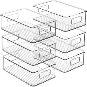 Clear Refrigerator Organizer Bins with Handles, Set of 6 Stackable Food Storage Bins for Pantry, Fridge, Cabinet, Countertops