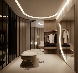 Dressing moderne incurvé - Finition bois clair et panneaux en verre, éclairage LED, vasque intégrée pour espaces vestimentaires de luxe - Product Image 1
