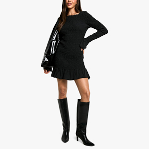Mini vestidos informales de mujer con dobladillo con volantes de manga solitaria y cuello cuadrado negro liso de alta calidad - Product Image 1