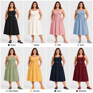 Robe midi sans manches grande taille pour femme avec ceinture, couleur unie, décontractée, pour l'été, avec poches et détail de ceinture - Product Image 2