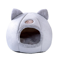 Lit rond pour chat avec design tête de chat, motif uni, respirant et imperméable, niche fermée de style villa pour chiens et chats