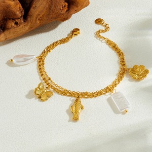 Fashionable Gold Plated Stainless Steel Double Layered Chain Bracelet With Butterfly Koi Pearl Pendant Unisex Jewelry Gift - Product Image 2