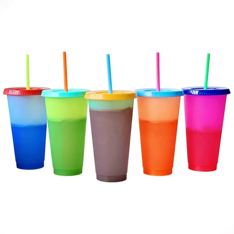 710ml 24oz BPA FREE plastic double wall cold color changing cup with lid And Straw Temperature Change Christmas Cups Coff