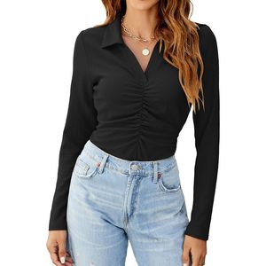 Body de manga larga para mujer con cuello en V, acanalado, con cuello tipo camisa, fruncido, elástico, de punto, para uso casual - Product Image 1