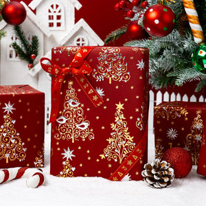 Red Wrapping <b>Paper</b> Metallic Gold Silver Foil Christmas Trees Shiny Star <b>Patterns</b> - Product Image 2