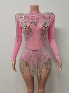 Monos Sexy Perspective Cristal Franges Combinaison Courte pour Femme Scène Performance Costume <span class=keywords><strong>Night</strong></span> <span class=keywords><strong>Club</strong></span> Justaucorps Strass Body - Product Image 4