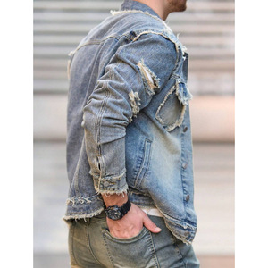 جاكيت جينز رجالي جديد بتصميم عصري ممزق عالي الجودة مع ثقوب، سترة كاجوال أنيقة - Product Image 2