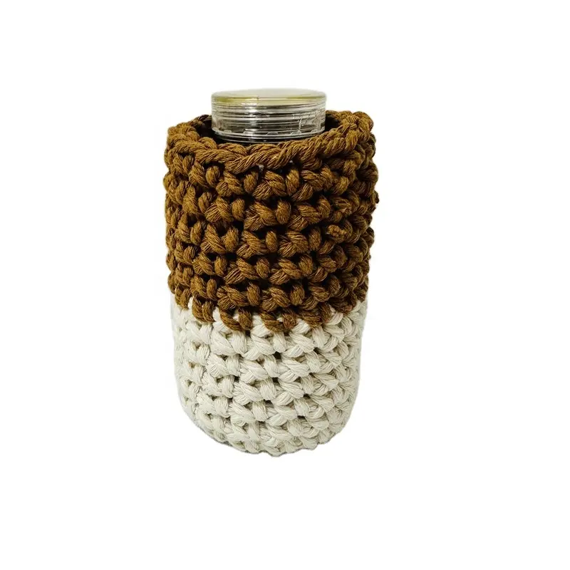 गिलास फूलदान crochet टोकरी डबल रंग किनारी जार कवर मोमबत्ती जार के साथ कपास कवर