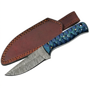 Cuchillo de Caza de Acero de Damasco con Mango con Patrón Azul y Funda de Cuero, Hoja de Punta Caída de 9 Pulgadas, Cuchillo para Exteriores - Product Image 1