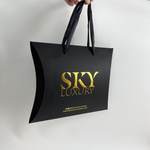 Custom Matte Black Pillow <b>Box</b> Gold Foil Hot Stamping Luxury Gift Packaging <b>Box</b> With Ribbon Handle For Jewelry Cosmetic Wig - Product Image 3