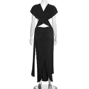 Robe de soirée maxi sans manches à fente plissée de couleur unie à découpes Viviblook C25DS453 pour femmes - Product Image 5