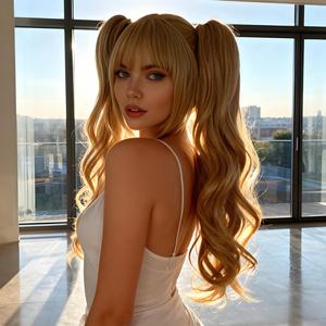 Perruque de mode pour femme, avec frange aérienne et double queue de cheval, en fibre haute température, entièrement fabriquée à la machine, pour le commerce électronique transfrontalier de deuxième niveau - Product Image 3