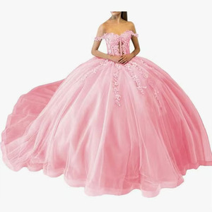 Pink Off Shoulder Ball Gown Princess Waistline Sweetheart Neckline Tulle Evening Dress For Wedding Party - Product Image 1