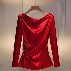 Camiseta Casual <span class=keywords><strong>de</strong></span> <span class=keywords><strong>Mujer</strong></span> con Hombros Descubiertos, Manga Larga, Corte Ajustado, Poliéster, Algodón y Spandex, Cintura Asimétrica - Product Image 2