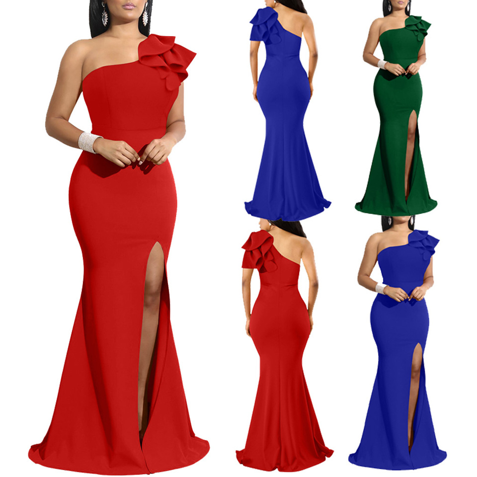 Latest Design Slit Elegant Dress One Shoulder Bodycon Ruffles Gowns Chic Evening Dress
