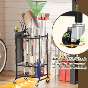 Gardening tool organizer, heavy-duty garage tool <b>rack</b> with casters and hooks, yard storage <b>rack</b>. - Product Image 3