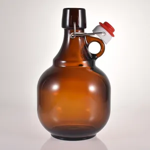 Pemasok pabrik warna coklat amber bir growler 1liter warna amber anggur kaca botol 1000ml 2000ml dengan klip logam tutup