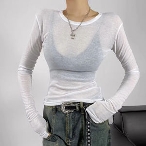 CNSHELL Cuello redondo Alta elasticidad Ver a través de tela transparente Costura trasera Slim Fit Camiseta de manga larga de una sola capa Top para mujer - Product Image 1