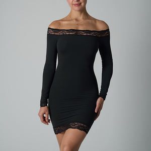 SK1344 Sexy dentelle une épaule robe couleur unie à manches longues dentelle jupe courte pour les femmes maigre robe confortable - Product Image 5