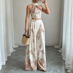 Ensemble assorti d'été bohème en satin imprimé feuilles de palmier pour femme, comprenant un crop top dos nu à nouer et un pantalon palazzo à jambes larges, deux pièces - Product Image 3