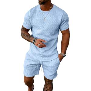 Conjunto de verano personalizado para hombre, 2 piezas, camiseta de algodón tejida transpirable con cuello redondo y pantalones cortos, conjunto deportivo informal a juego. - Product Image 1
