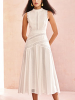 Nouvelle Robe Élégante Blanche Sans Manches à Col Montant et Taille Haute pour Femme, avec Dentelle de Haute Qualité et Découpes Élégantes