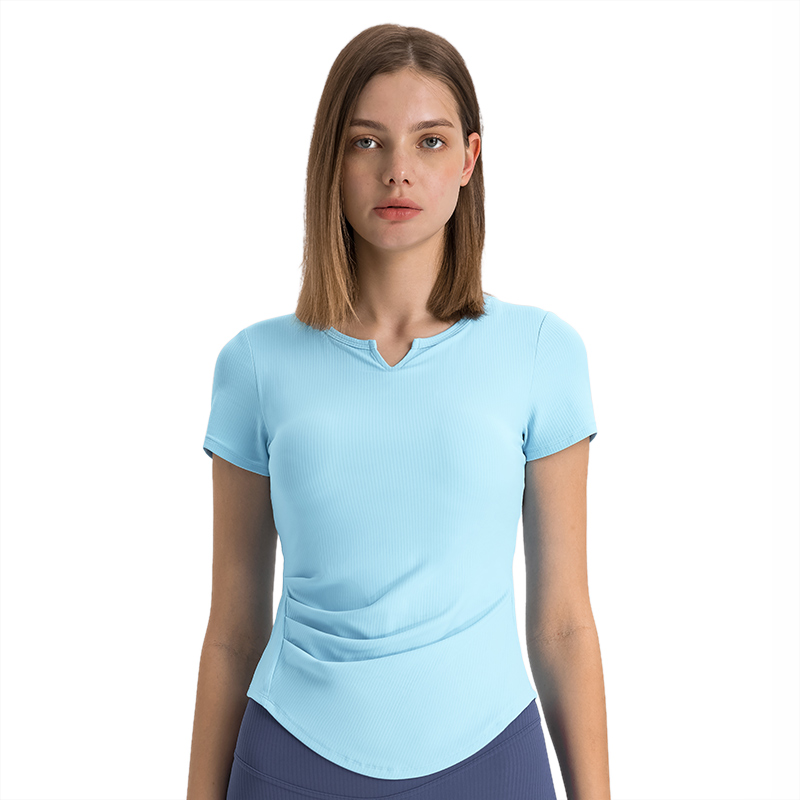 New Rib V Collar With Chest Pad Yoga Clothing Top Waist-tight Slim Look Running Workout Short Sleeve Women's T-shirt