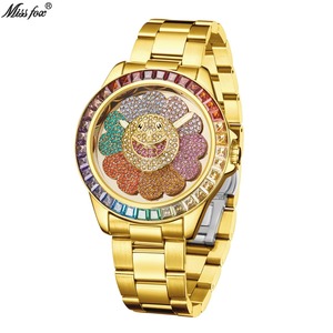 Montre de luxe pour homme en acier inoxydable, style Hip Hop, avec cadran rotatif floral, incrustée de diamants, couleur or - Product Image 2