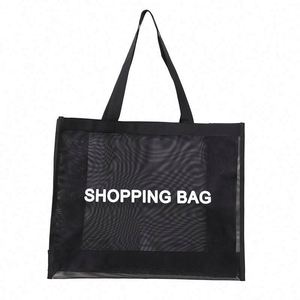 Sac de plage en maille transparente noire personnalisé avec logo, sac de shopping, sac de rangement - Product Image 2