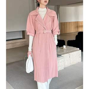 Abrigo tipo gabardina de punto plisado con capucha, estilo coreano, para otoño, diseño holgado, manga larga, abotonadura sencilla, reversible - Product Image 1