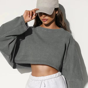 T-shirt décontracté pour femme, à épaules tombantes, col rond, manches longues, couleur unie, surdimensionné, court - Product Image 1