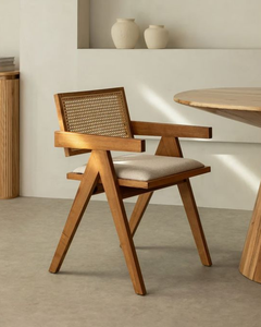 Chaise de salle à manger moderne en cuir et bois massif de style nordique, avec accoudoirs et dossier en fausse rotin tressée, pour la maison, le salon, l'hôtel, le balcon - Product Image 2