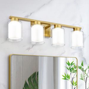 Indoor Brushed Gold <strong>Bathroom</strong> Vanity <strong>Light</strong> Modern Double Glass Lampshade 3CCT Dimming Led Vanity Wall <strong>Lights</strong> for Bedroom <strong>Bathroom</strong>
