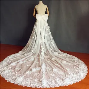 Feishiluo Luxury 3D Flower Wedding Detachable Train Lace Applique Bridal Wedding Removable Overskirt Dress With Bow