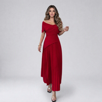 Robe longue plissée élégante pour femme, coupe trapèze, col en V, épaules dénudées, manches courtes, taille cintrée, lavable, idéale pour soirée romantique ou rendez-vous