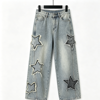 Dayanıklı Hafif Vintage Yıkama Ham Saçaklı Yıldız Yamalı Bol Paça Geniş Bacak Denim Pantolon Erkek Orta Bel Rahat Düz Özel Tasarım 183