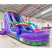 Toboggan aquatique gonflable double voie de qualité commerciale de 27 pieds avec palmier tropical en PVC pour parc de trampoline