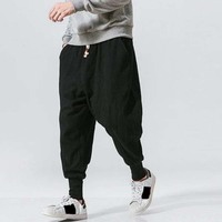 Pantalon sarouel ample à entrejambe bas pour hommes pantalon de danse hip hop à poche Bloomers jambes larges de style rétro chinois
