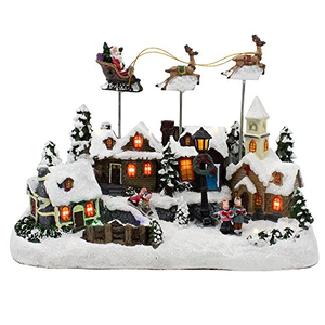 Village musical à LED fonctionnant sur piles avec Père Noël et cerfs, maison de village de Noël, décoration de village de Noël en résine - Product Image 3