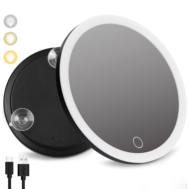Factory New LED Makeup Mirror with Charging 3 Suction Cup Magnifier Stand Blackhead Acne Picking Lighted Feature Plastic Frame