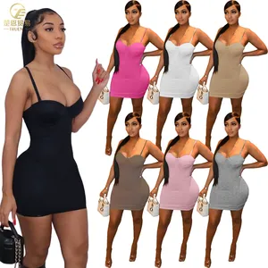 Novo elástico cor sólida deslizamento de verão bodycon sexy mulheres vestido de festa à noite clube halter strap curto mini vestidos casuais elegantes