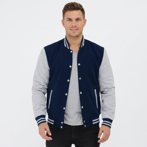 Veste universitaire en toile bleu marine pour homme Global Apparel, manches grises, fermeture boutonnée, respirante, antibactérienne, logo personnalisé imprimé - Product Image 1