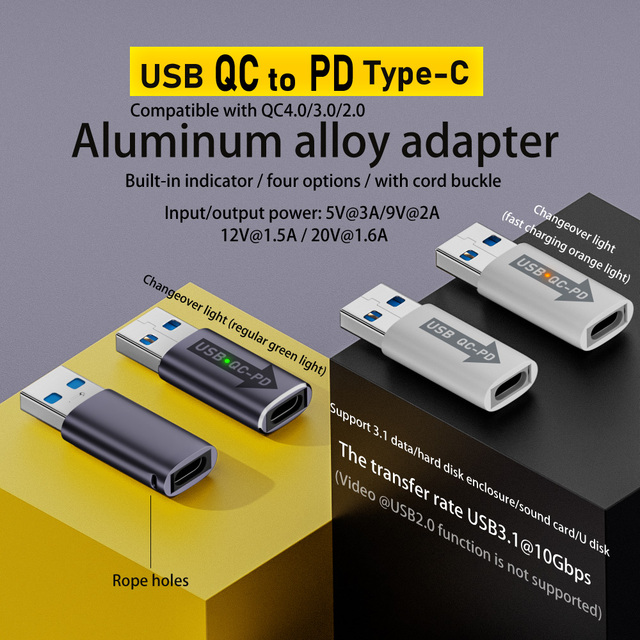 QC 4.0 USB 3.1 to PD Type-C Adapter USB-A to USB-C Female Adapter with DC Output Short Circuit Protection for Laptop & Camera