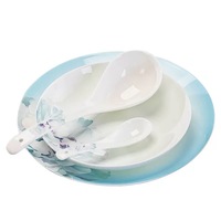 Service de table en porcelaine élégant bleu dégradé à motifs floraux, motif pivoine peint à la main, bord doux, bols et assiettes en céramique de luxe pour