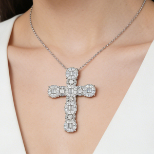 CUSTOM SILVER 10K/14K/18K GOLD PLATED LAB GROWN CVD DIAMOND CLASSIC ENGAGEMENT GIFT SWEATER <b>CHAIN</b> NECKLACE <b>CROSS</b> PENDANT - Product Image 5