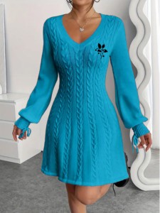 Vestido fino de malha com decote em v, elegante manga lanterna, roupas femininas para outono e inverno - Product Image 2