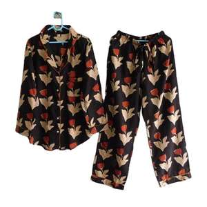 Summer Pajama Set Floral Printed 100% Cotton Long Sleeve Woven Shirt with <b>Pants</b> Comfortable Soft Breathable Nightwear - Product Image 1