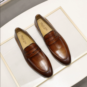 Mocassins pour hommes en cuir véritable marron à bout pointu, chaussures habillées de bureau à enfiler, semelle extérieure en caoutchouc, toutes saisons - Product Image 6